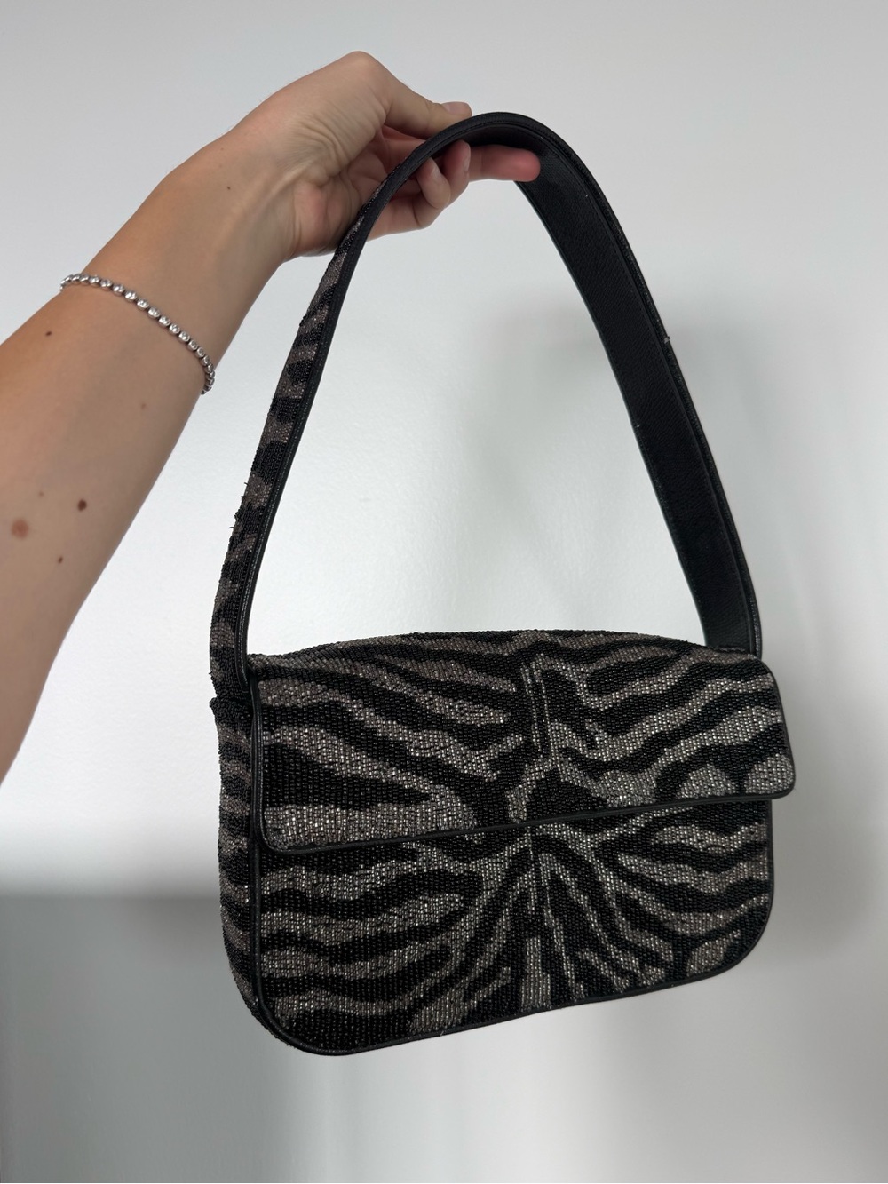 STAUD Zebra black and white Beaded Shoulder Bag